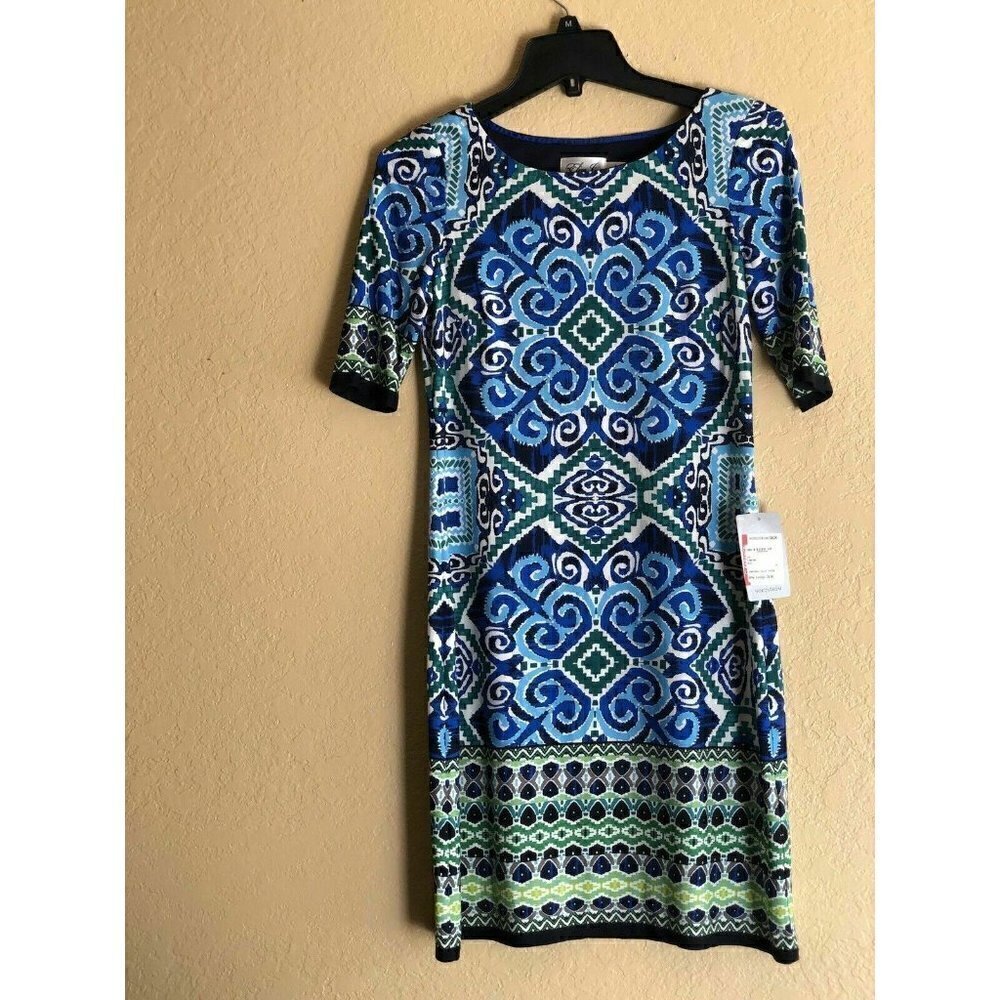 Eliza J Blue Abstract Print Shift Dress Size 0 Lined Knit Dress - Picture 5 of 12